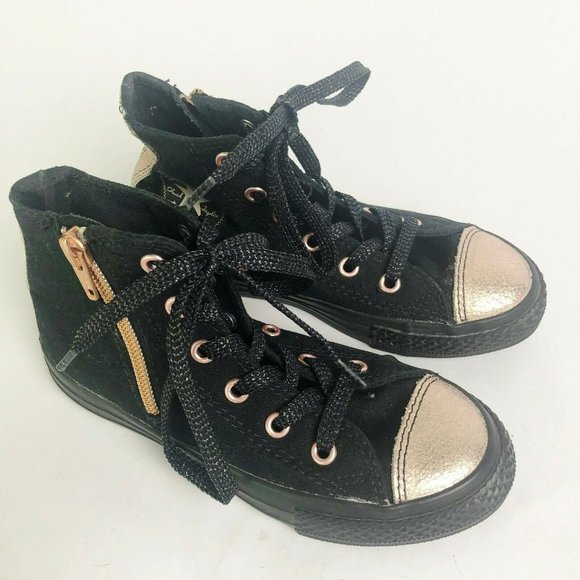 Converse Kids Size 12 Chuck Taylor All Star Black Rose Gold Shoes Sneakers Hi Si - Picture 2 of 8